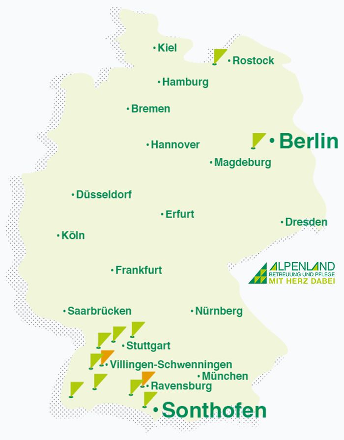 Deutschlandkarte mit Markierungen der Alpenland-Standorte